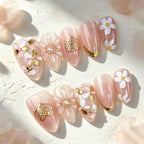 Press-On Nail Set Floral Design Gold Accents Peel-And-Stick