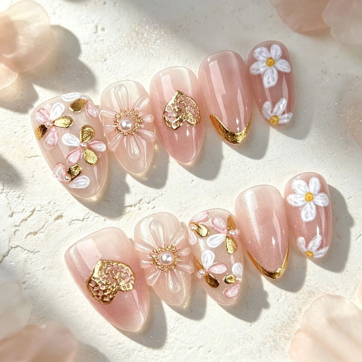 Press-On Nail Set Floral Design Gold Accents Peel-And-Stick
