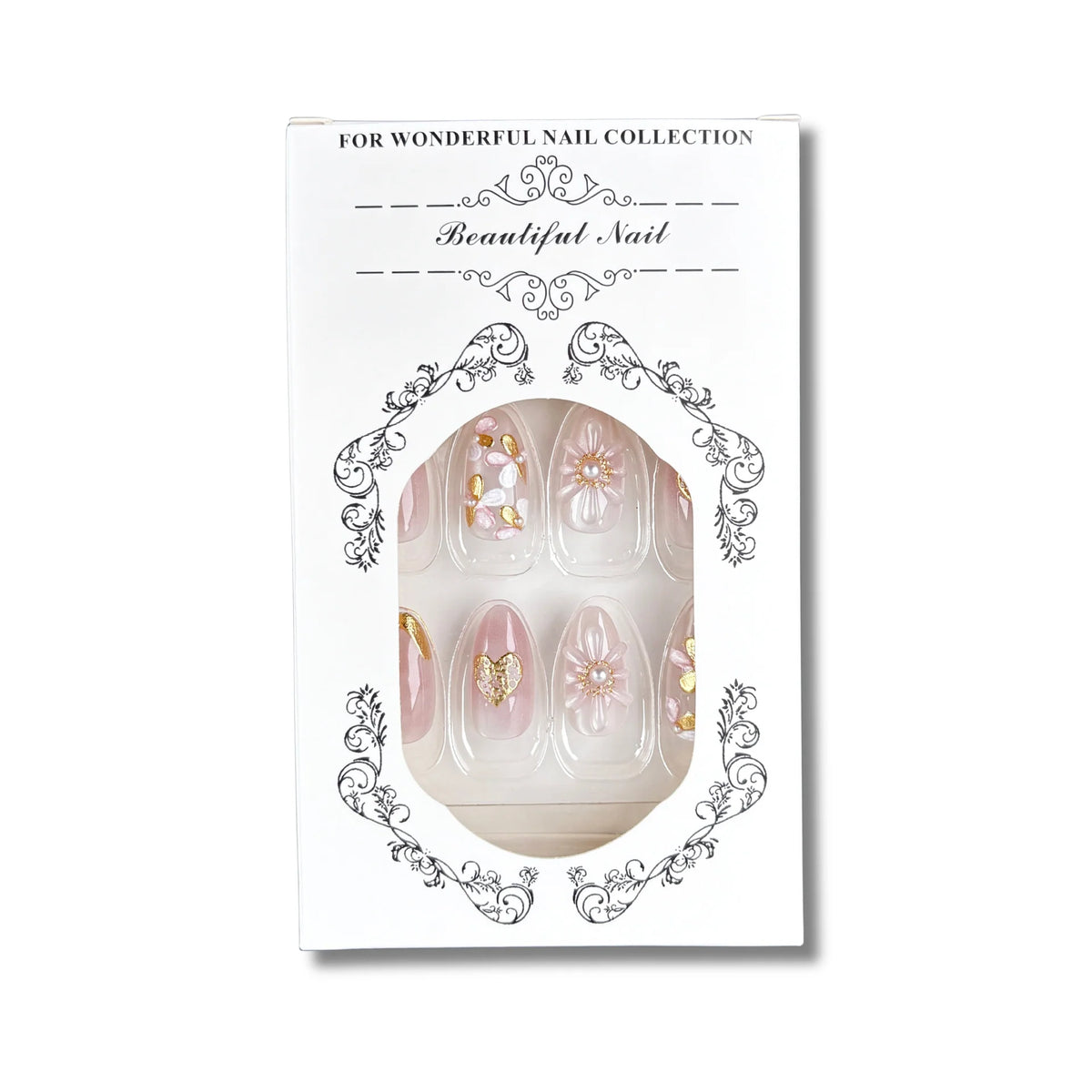 Press-On Nail Set Floral Design Gold Accents Peel-And-Stick
