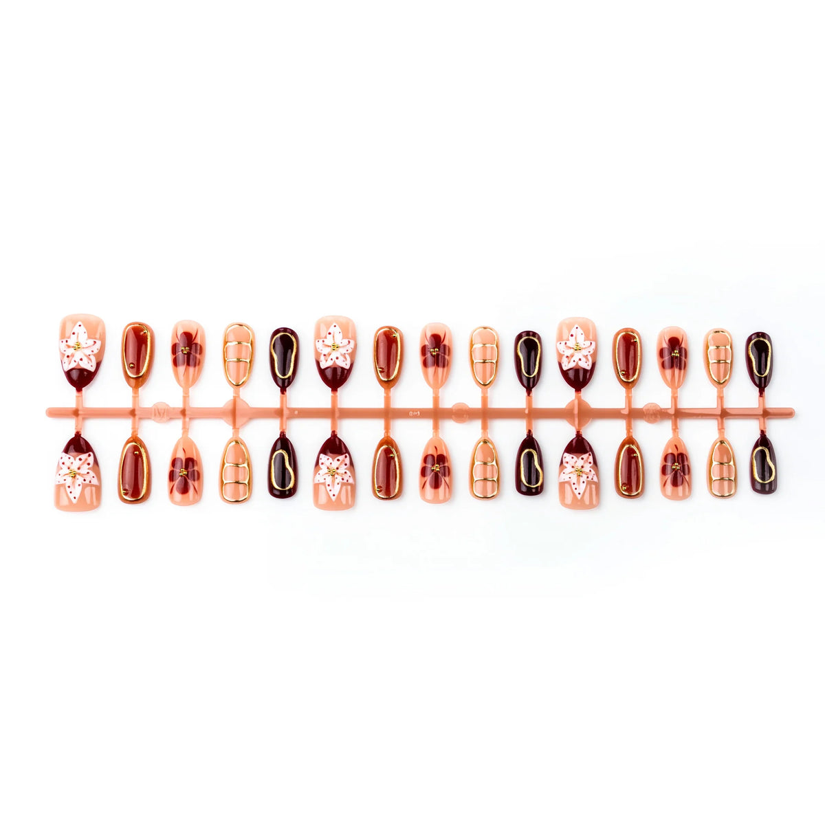 Press-On Nail Set Floral Design & Gold Accents Reusable