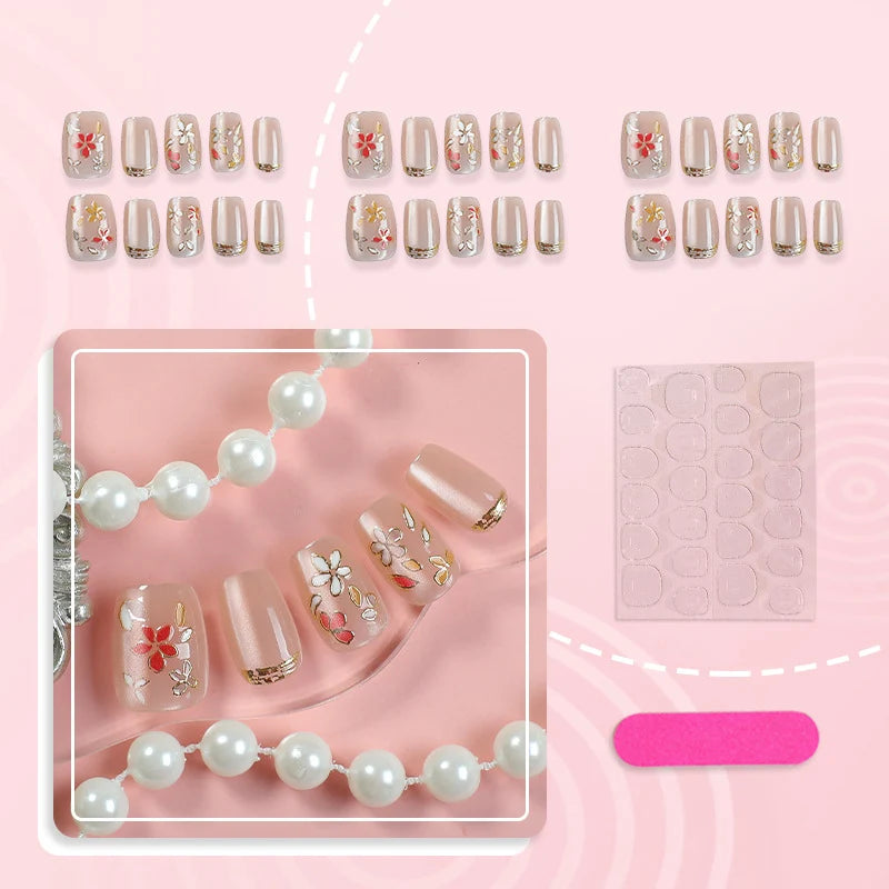 Press-On Nail Set Floral Design Gold Accents Reusable