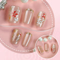 Press-On Nail Set Floral Design Gold Accents Reusable