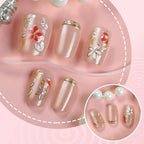 Press-On Nail Set Floral Design Gold Accents Reusable