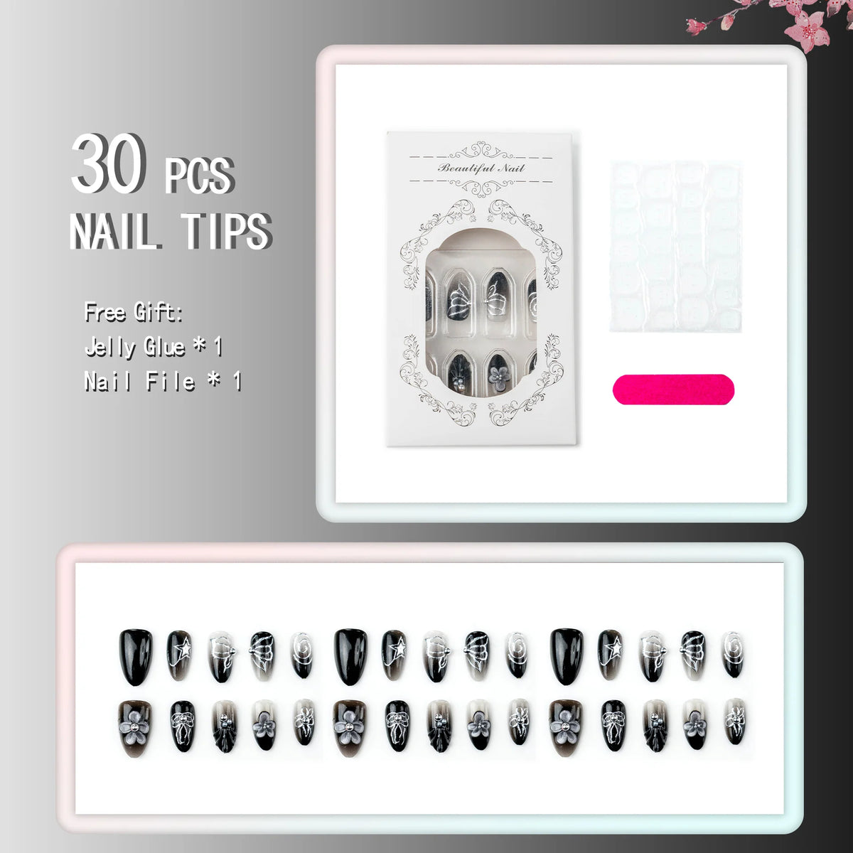 Press-On Nail Set Floral Design High-Gloss Easy Application