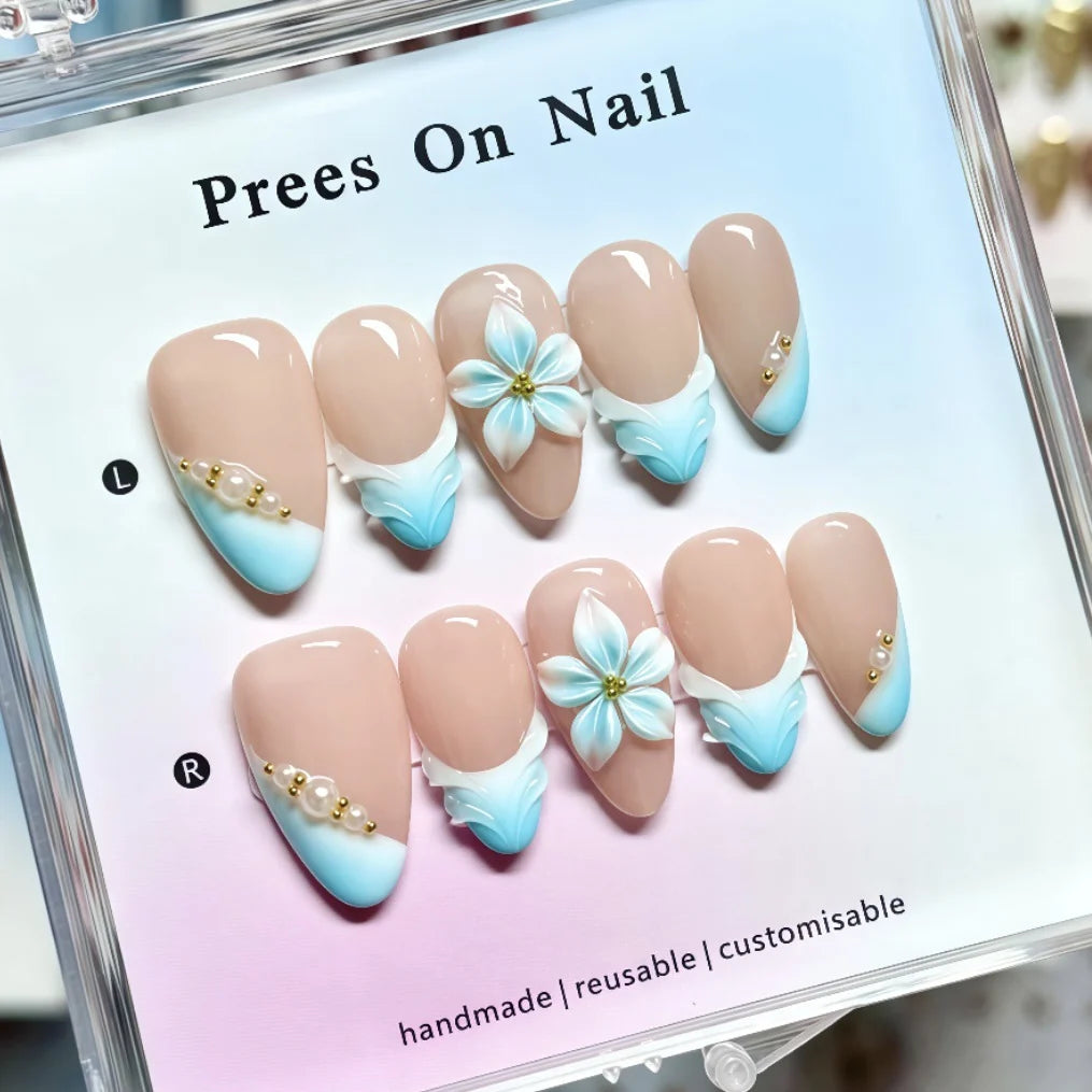 Press-On Nail Set Floral Design Includes Glue