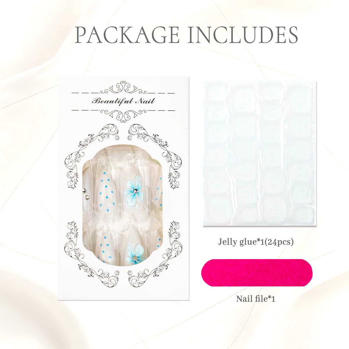 Press-On Nail Set Floral Design Includes Glue & File