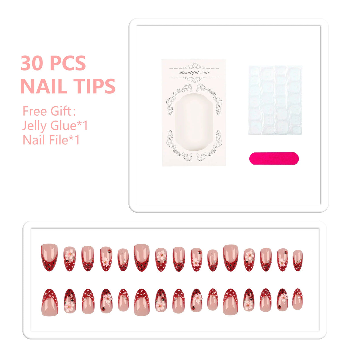 Press-On Nail Set Floral Design Includes Glue & File
