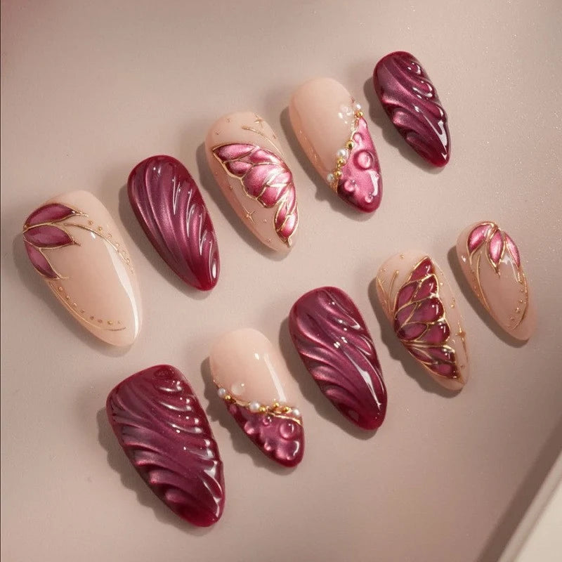 Press-On Nail Set Floral Design Long Lasting