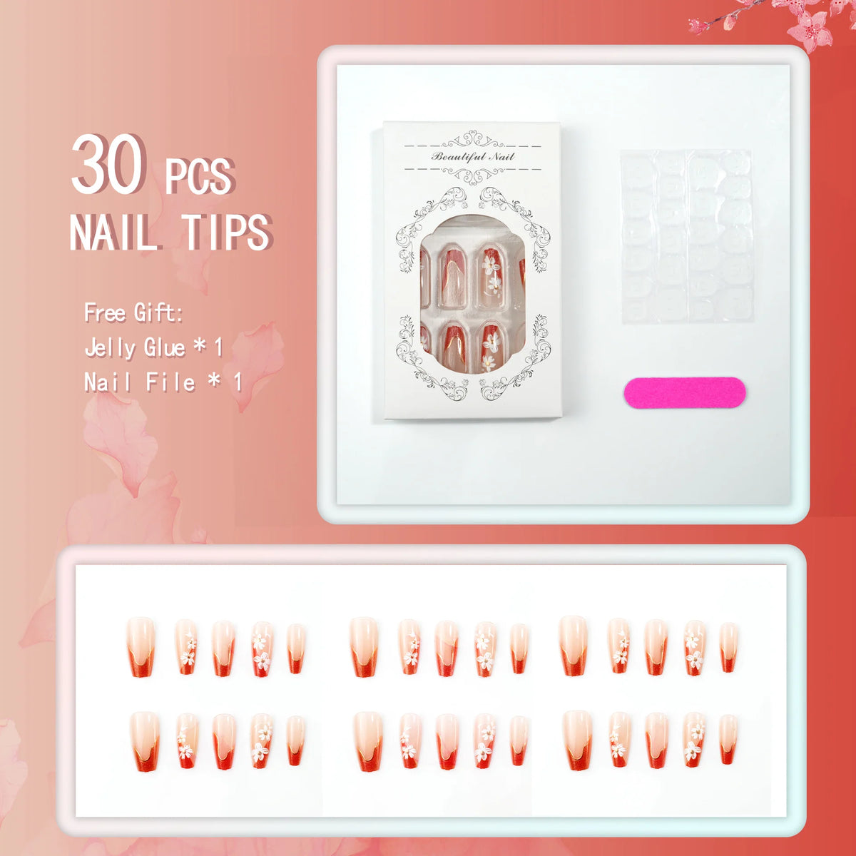 Press-On Nail Set Floral Design & Long-Lasting Wear