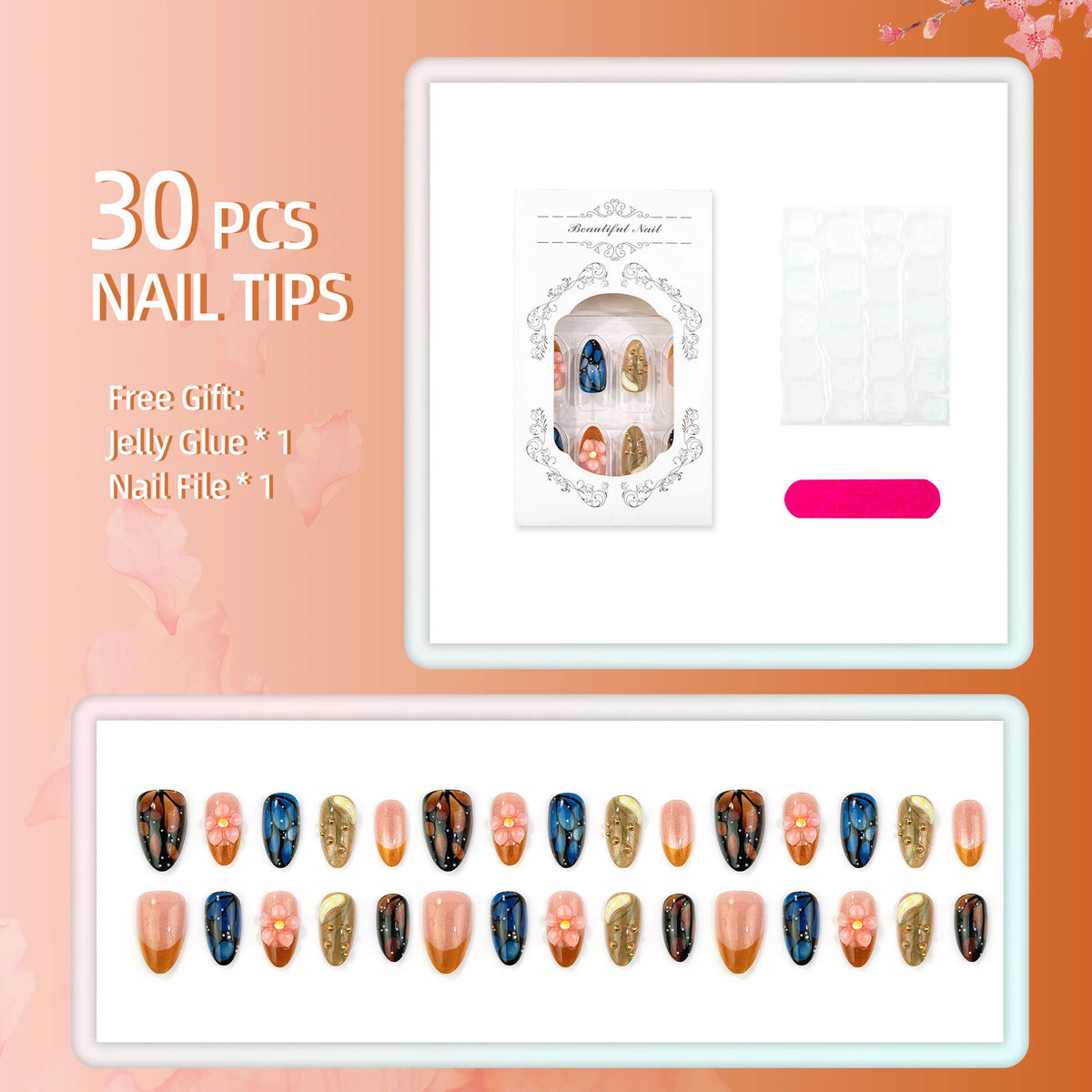 Press-On Nail Set Floral Design & Long-Lasting Wear