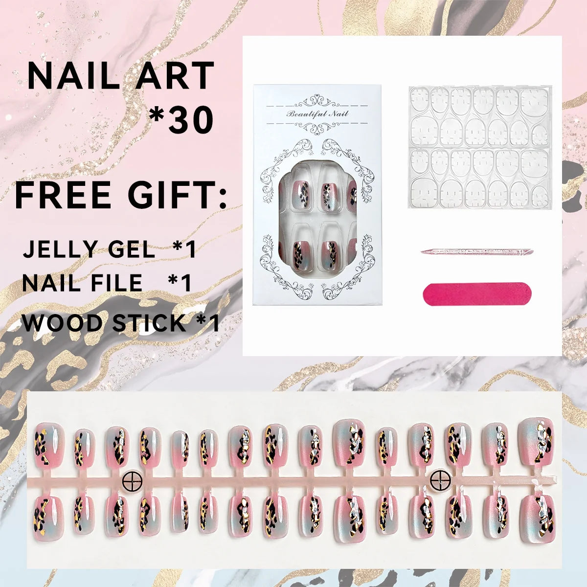 Press-On Nail Set Floral Design Multiple Sizes