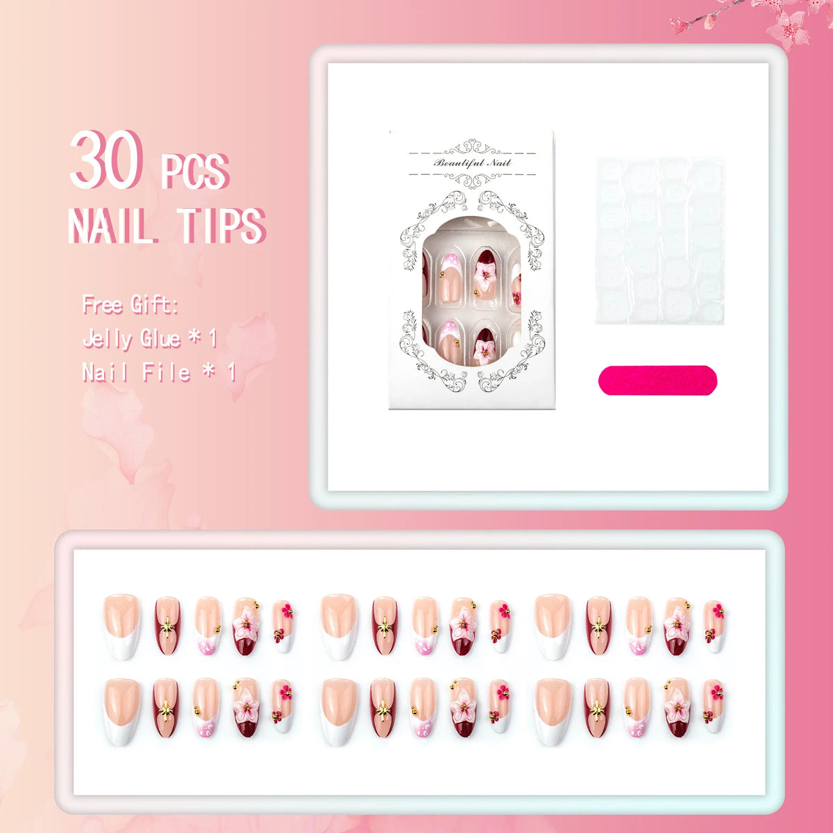 Press-On Nail Set Floral Design Multiple Sizes Long-Lasting Wear