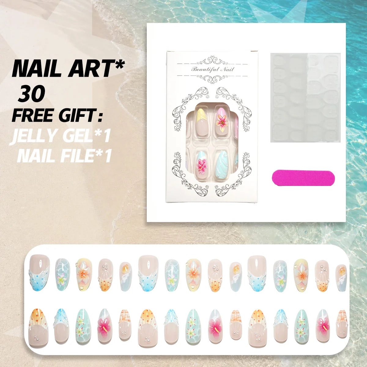 Press-On Nail Set Floral Design No Glue 30-Piece