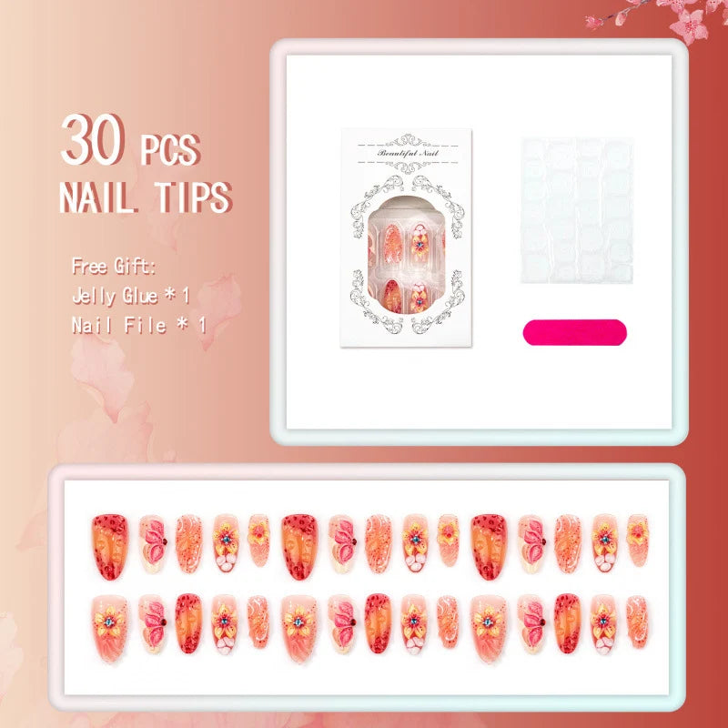 Press-On Nail Set Floral Design No Glue