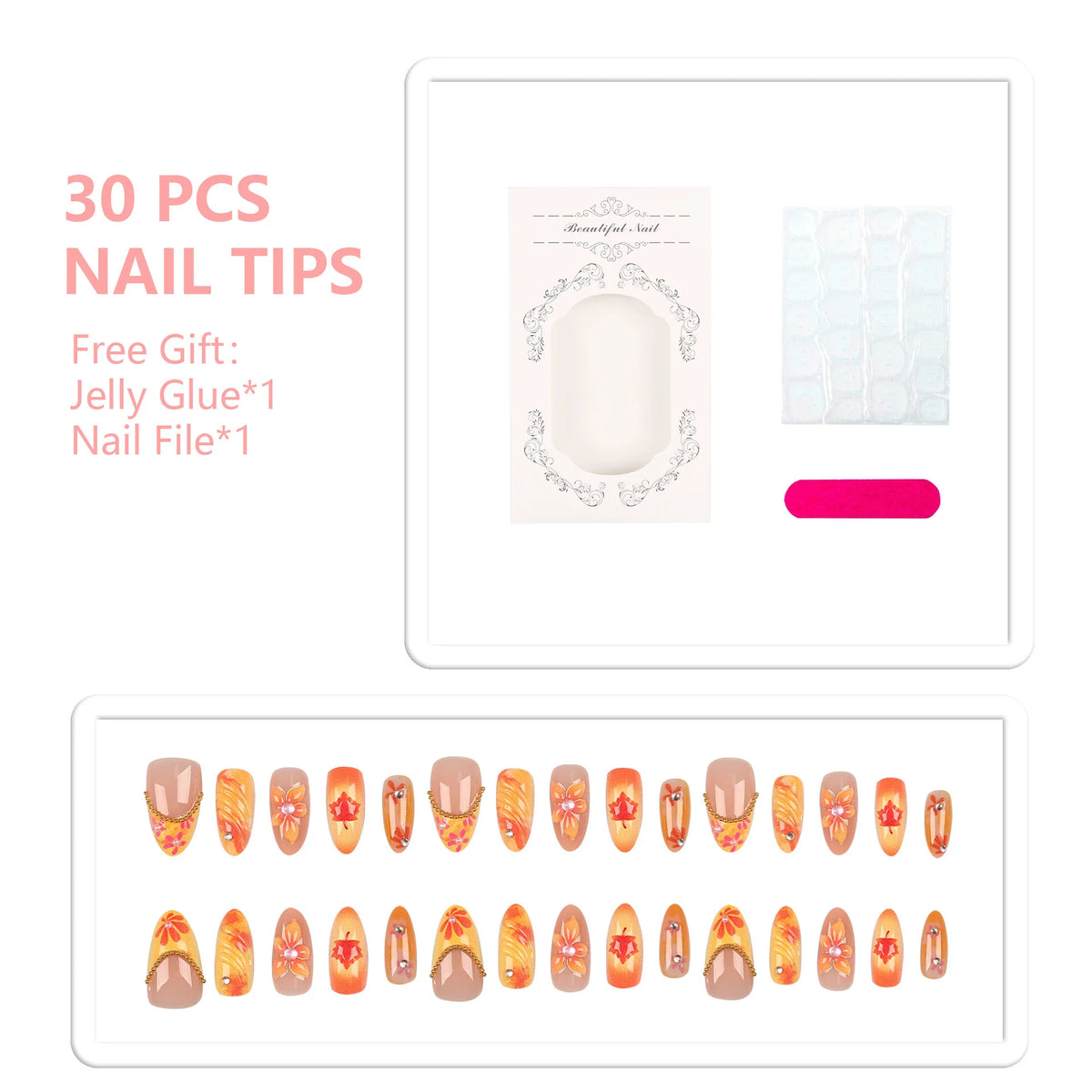 Press-On Nail Set Floral Design No Glue & Long-Lasting