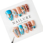 Press-On Nail Set Floral Design Pearl & Metallic Accents