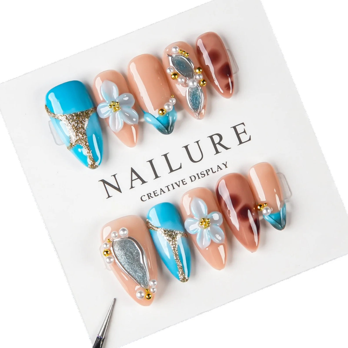 Press-On Nail Set Floral Design Pearl & Metallic Accents