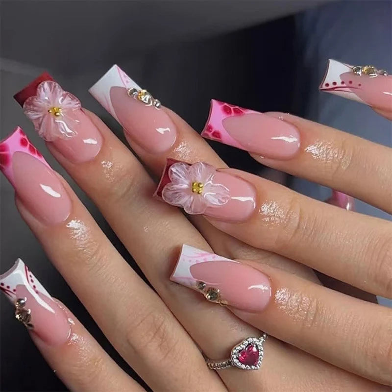 Press-On Nail Set Floral Design Peel-And-Stick Glossy Finish