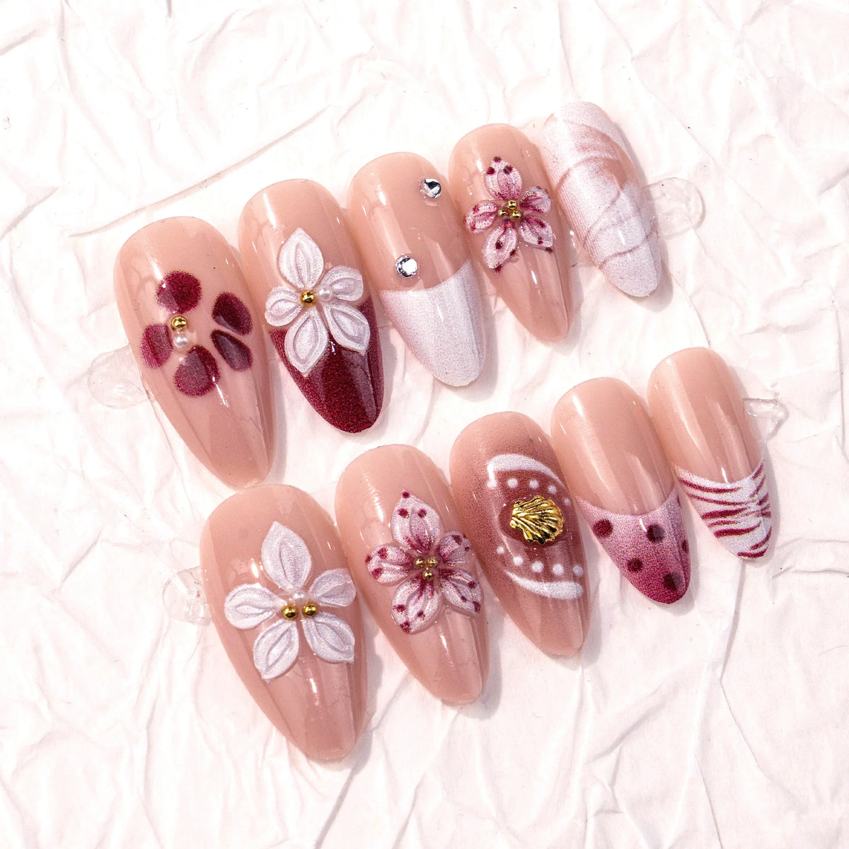 Press-On Nail Set Floral Design Peel And Stick Multiple Sizes