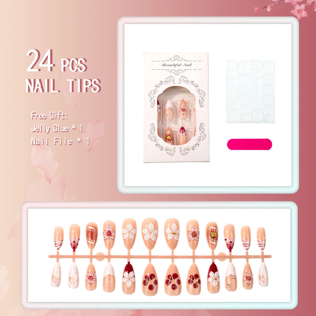 Press-On Nail Set Floral Design Peel And Stick Multiple Sizes