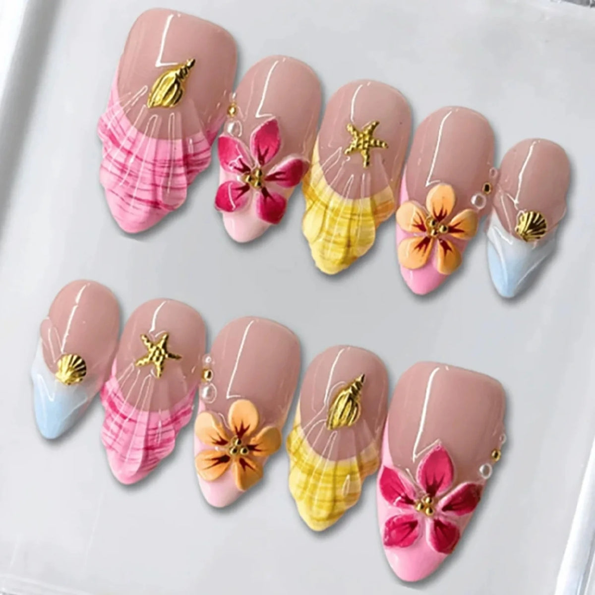 Press-On Nail Set Floral Design Peel-And-Stick Reusable