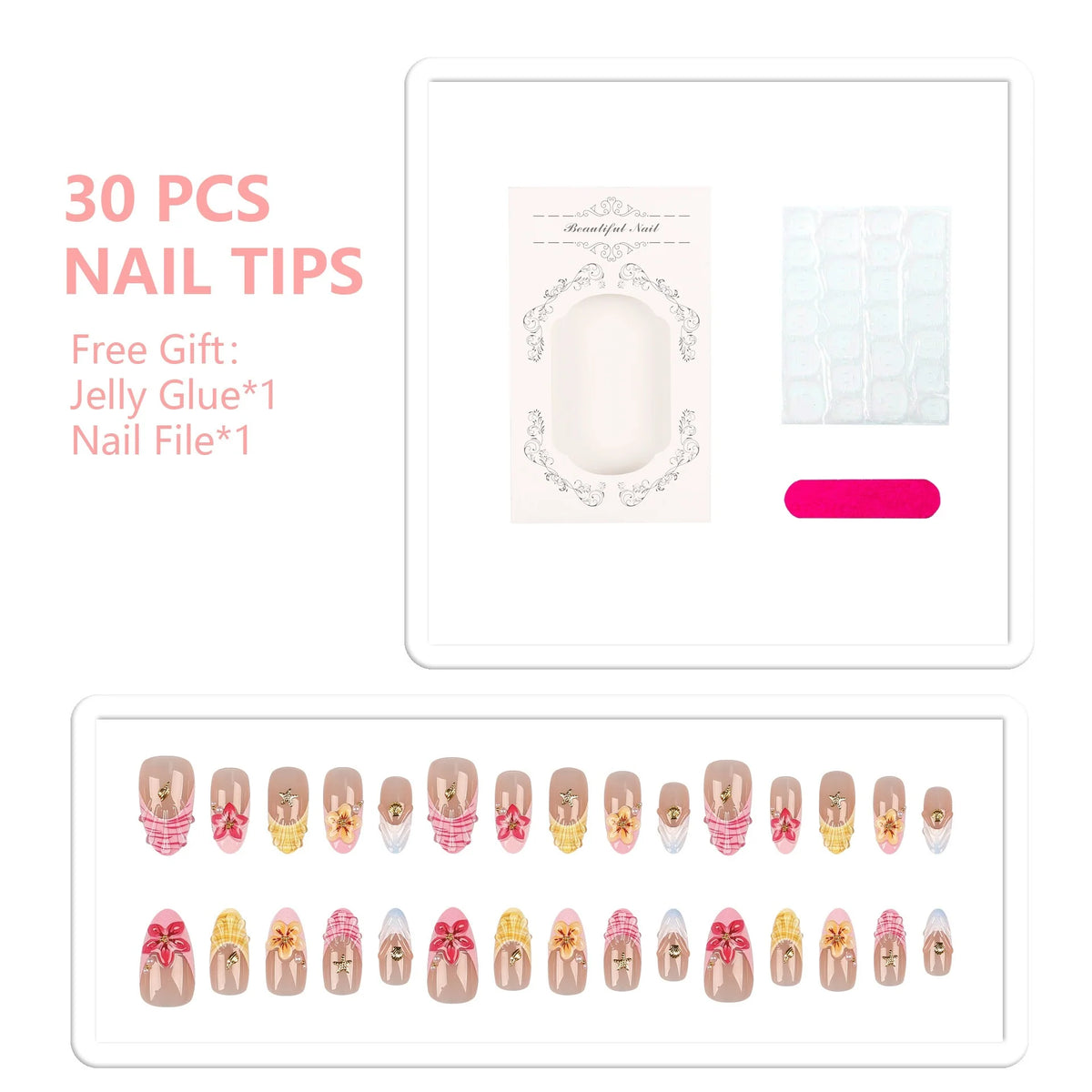 Press-On Nail Set Floral Design Peel-And-Stick Reusable