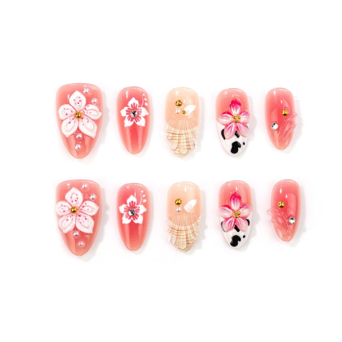 Press-On Nail Set Floral Design Peel-On Adhesive