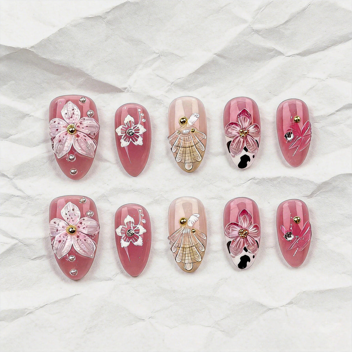 Press-On Nail Set Floral Design Peel-On Adhesive
