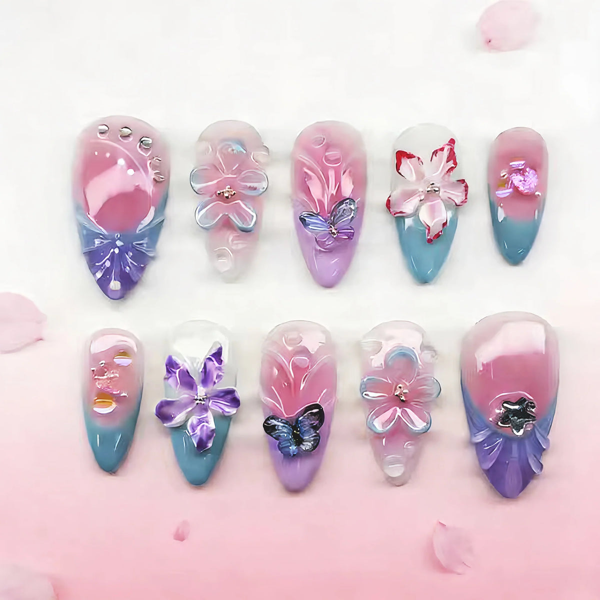 Press-On Nail Set Floral Design Quick Application & Reusable