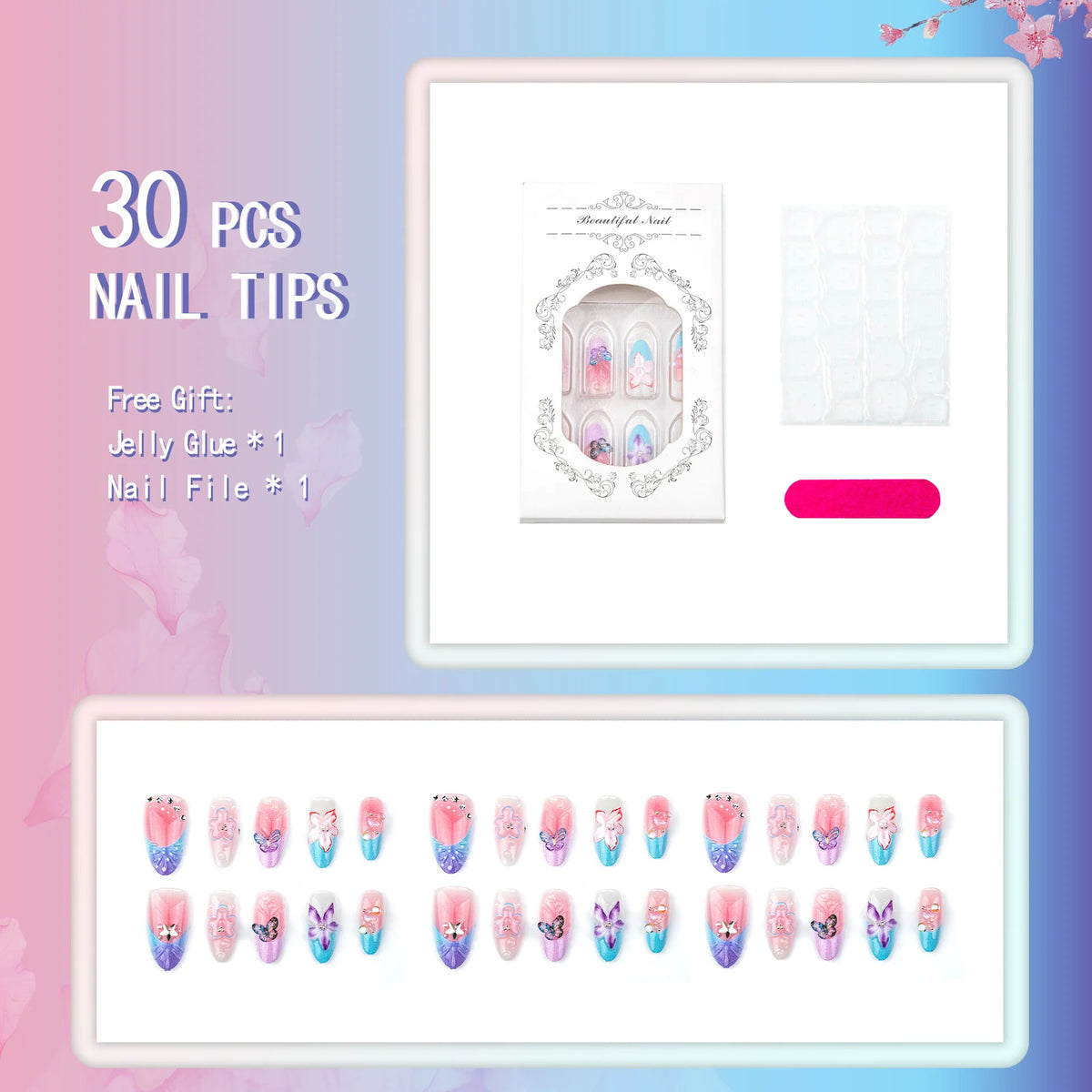 Press-On Nail Set Floral Design Quick Application & Reusable