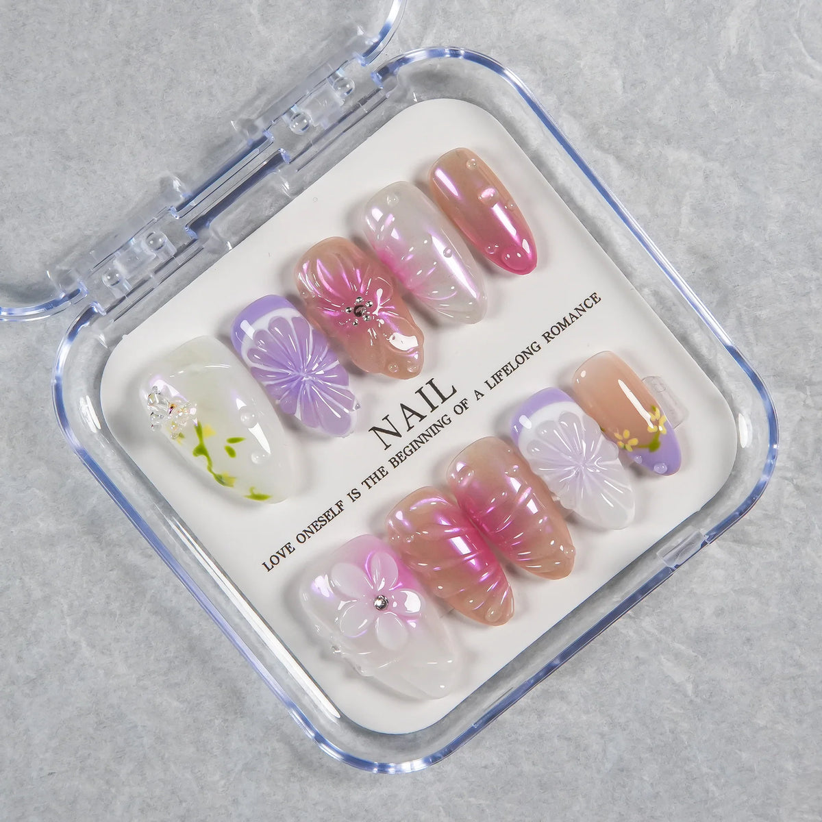 Press-On Nail Set Floral Design Reusable Adhesive Backing