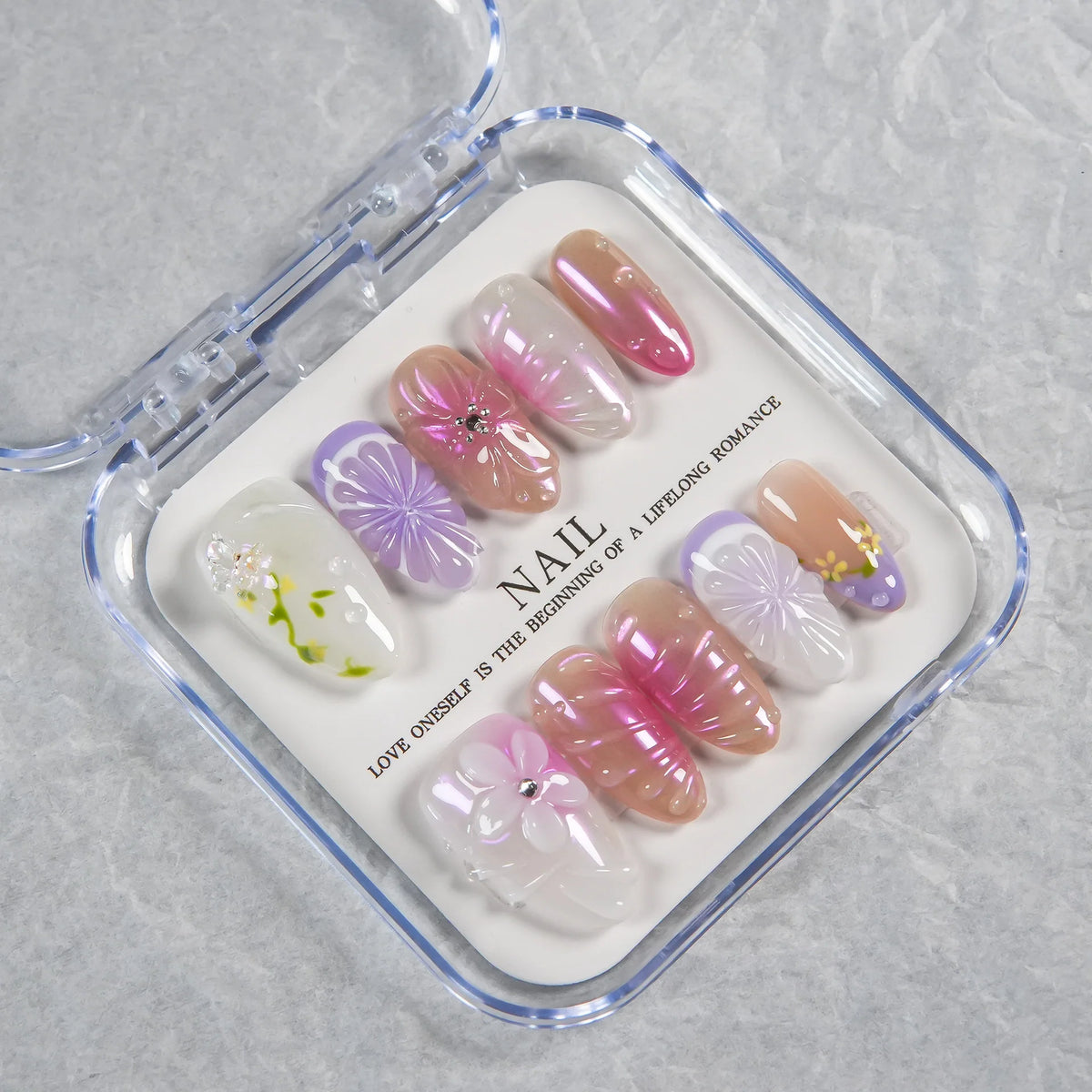 Press-On Nail Set Floral Design Reusable Adhesive Backing