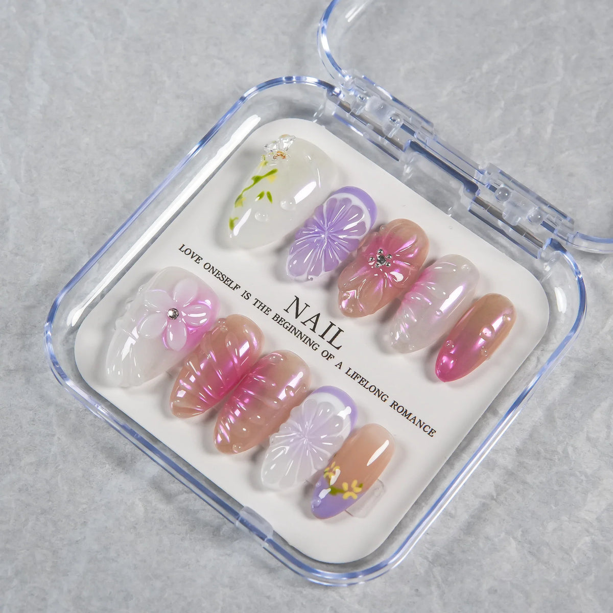 Press-On Nail Set Floral Design Reusable Adhesive Backing