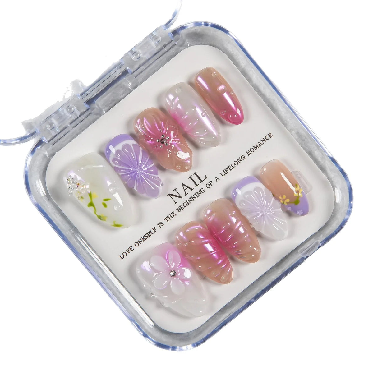 Press-On Nail Set Floral Design Reusable Adhesive Backing