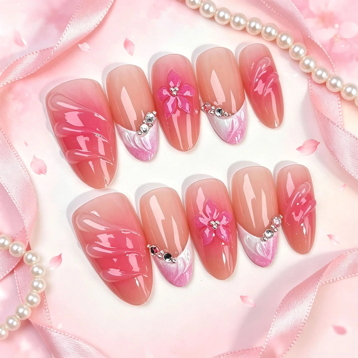 Press-On Nail Set Floral Design Reusable Adhesive Multiple Sizes