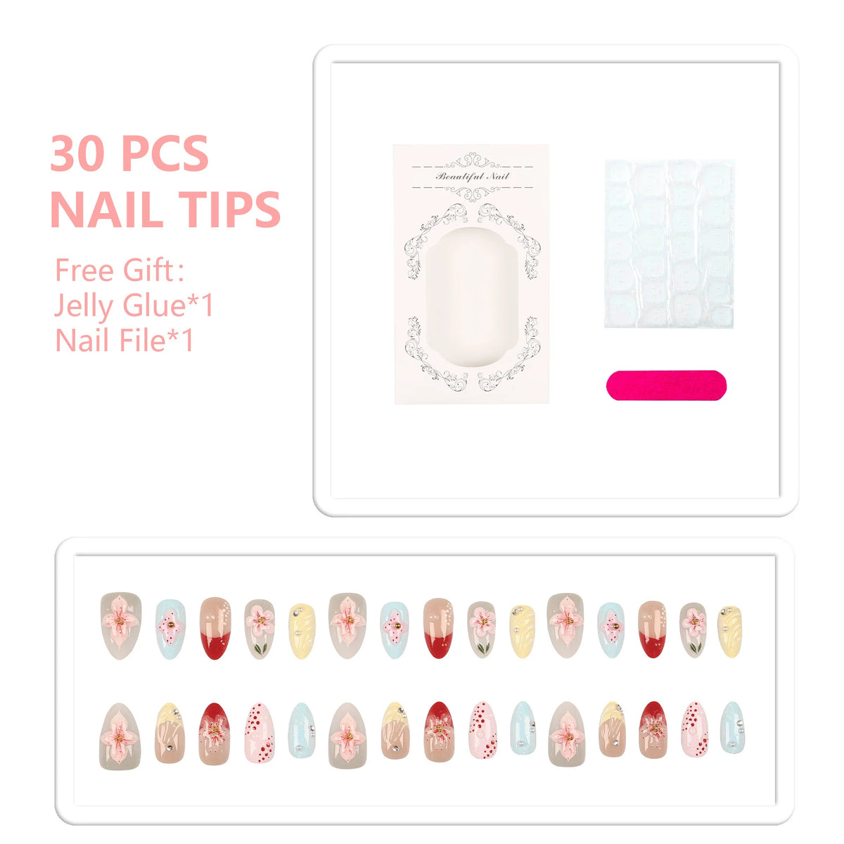Press-On Nail Set Floral Design Reusable & Easy Application