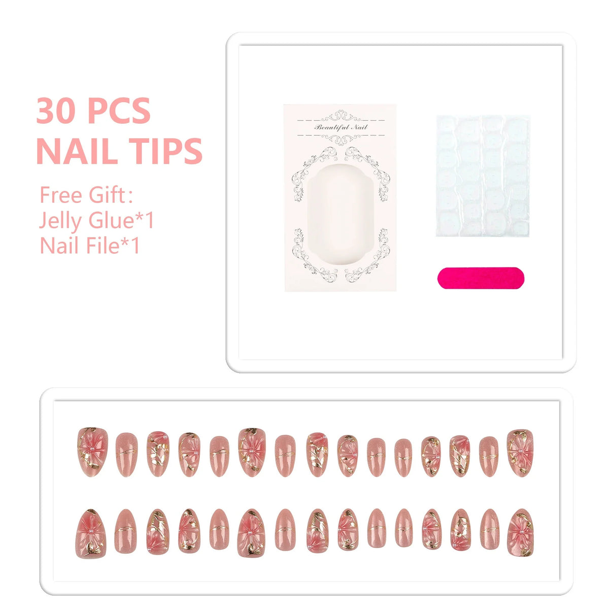 Press-On Nail Set Floral Design Reusable & Lightweight