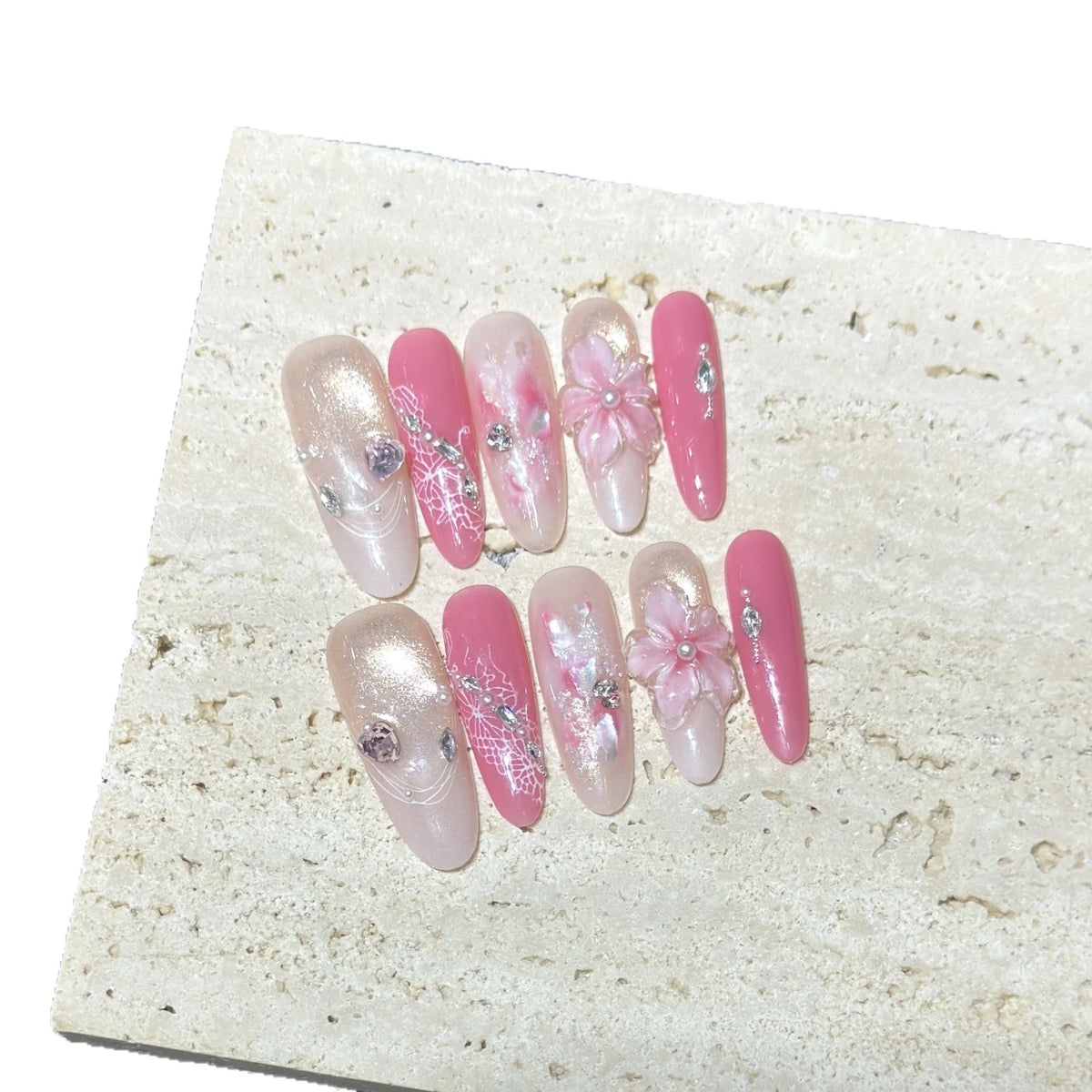 Press-On Nail Set Floral Design Reusable Oval Shape