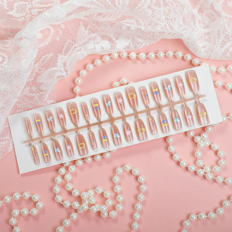 Press-On Nail Set Floral Design Reusable Peel-And-Stick