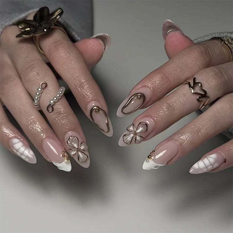 Press-On Nail Set Floral Design & Rhinestones