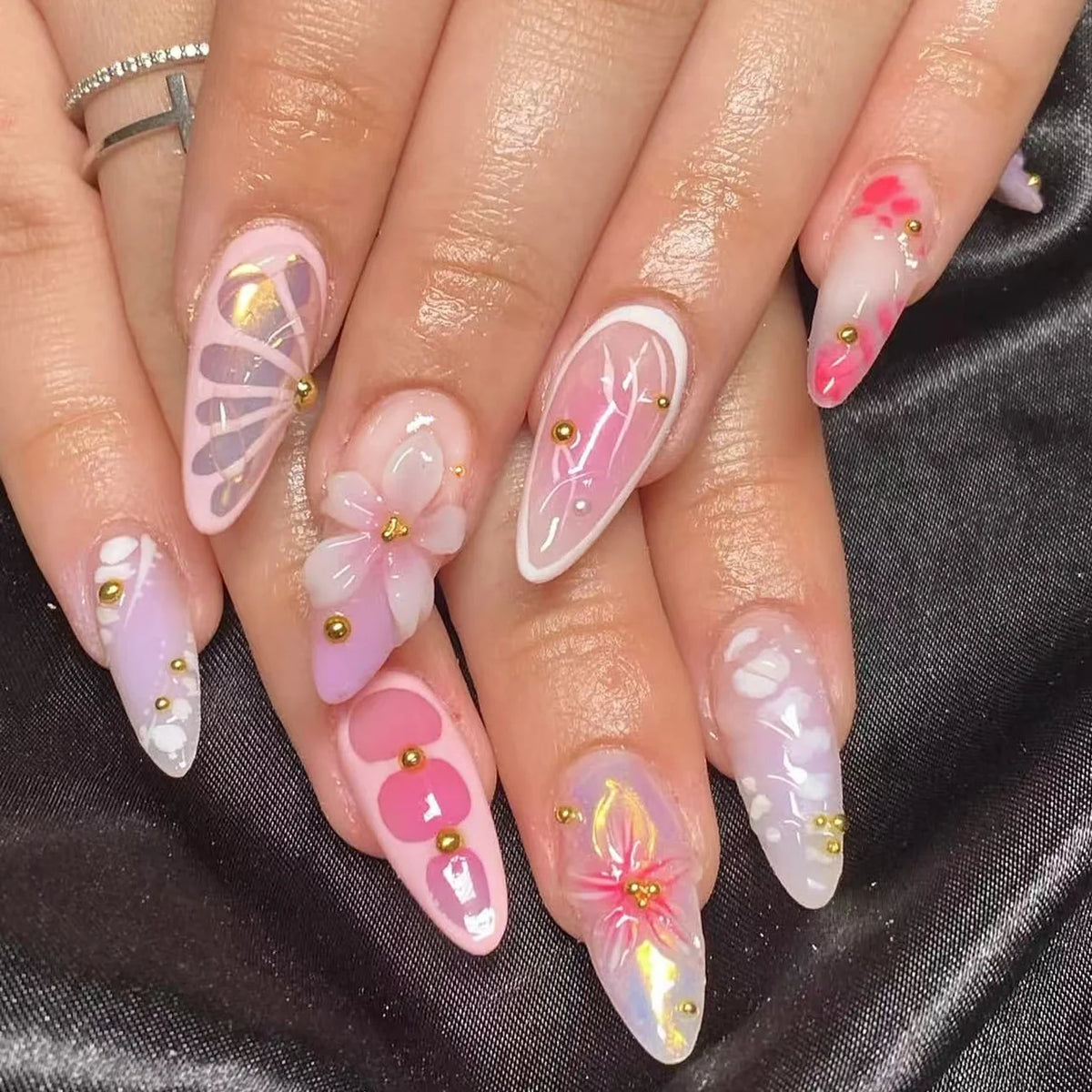 Press-On Nail Set Floral Design & Rhinestones