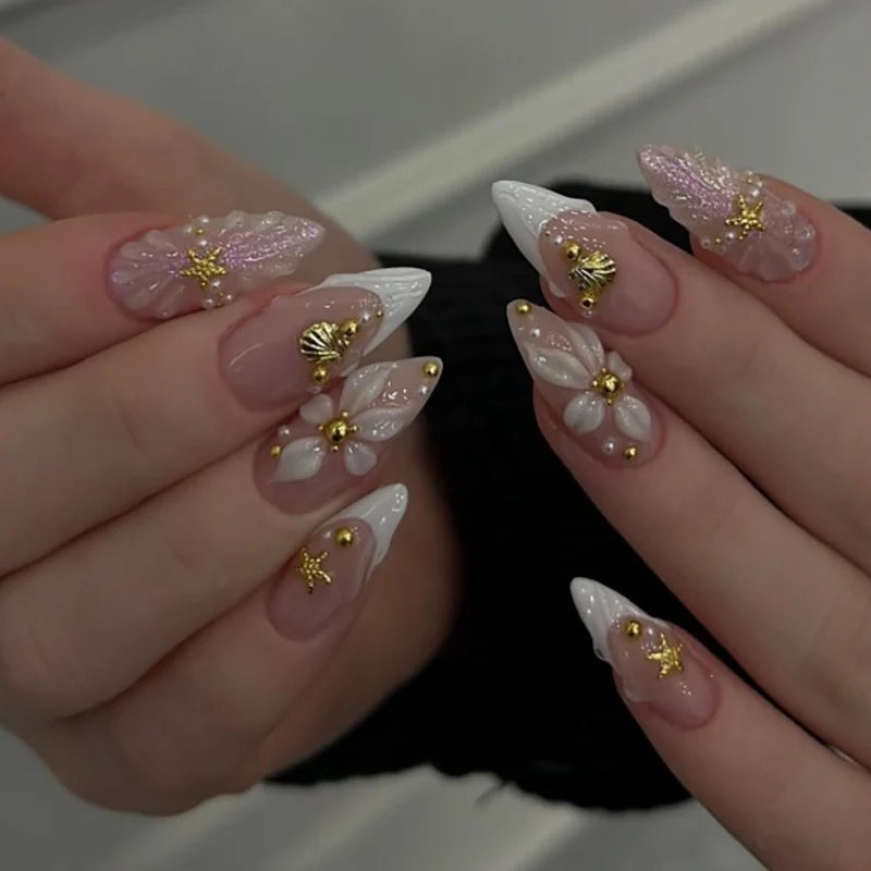 Press-On Nail Set Floral Design & Rhinestones