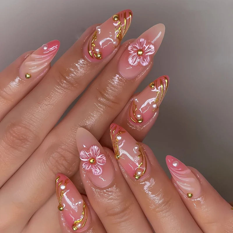 Press-On Nail Set Floral Design & Rhinestones