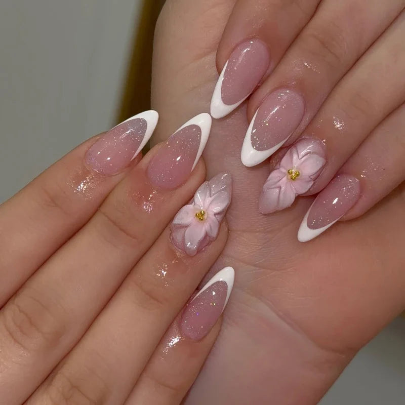 Press-On Nail Set Floral Design & Rhinestones