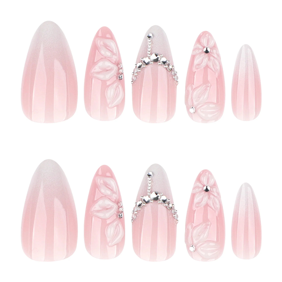 Press-On Nail Set Floral Design & Rhinestones