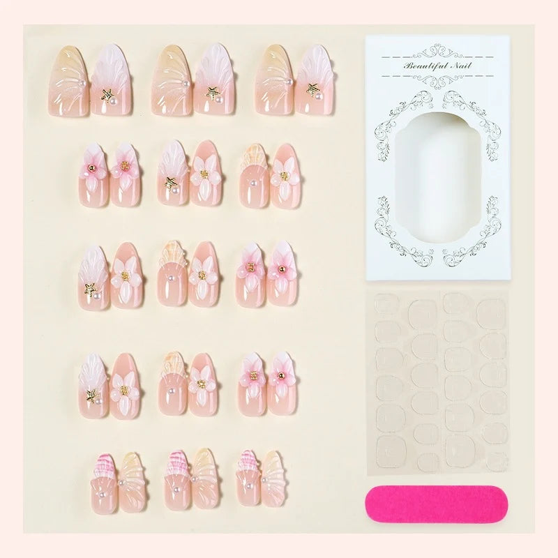 Press-On Nail Set Floral Design Self-Adhesive 24-Pack