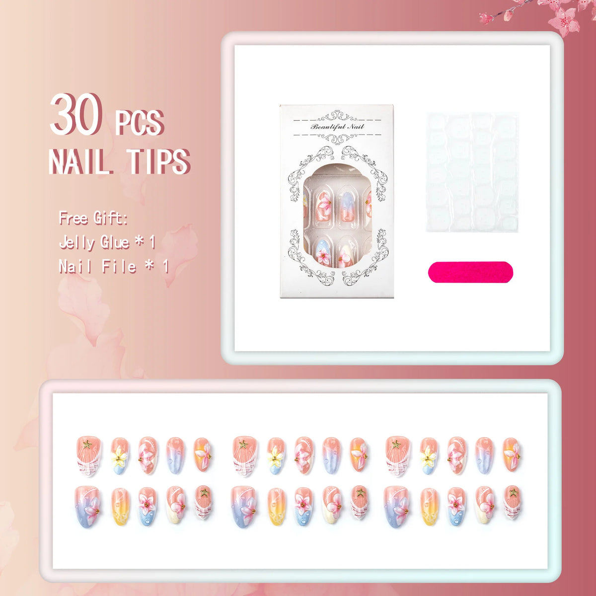 Press-On Nail Set Floral Design Self-Adhesive Comfortable Fit