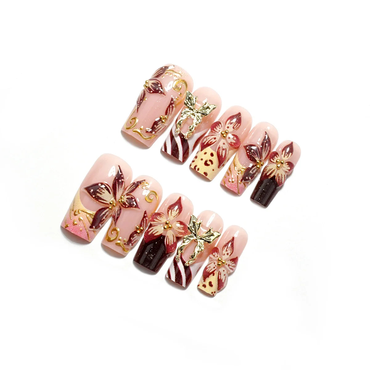 Press-On Nail Set Floral Design & Shimmer Accents 24 Pieces