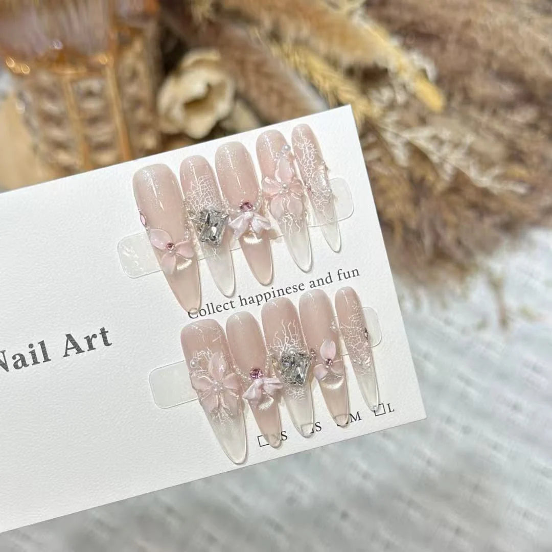Press-On Nail Set Floral Design & Sparkling Accents Reusable