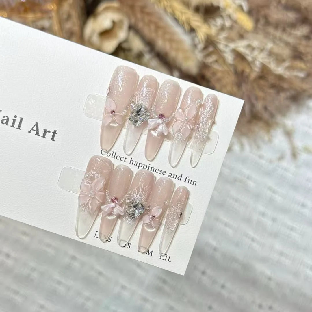 Press-On Nail Set Floral Design & Sparkling Accents Reusable